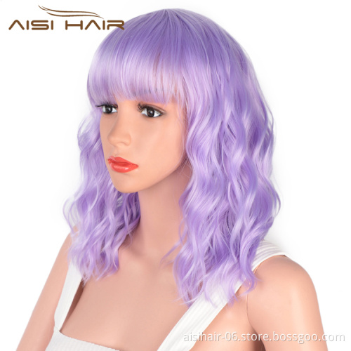 Aisi Hair Wholesale Top Quality Purple Short Bob Wig With Neat Bangs Synthetic Cosplay Short Curly Wave Wigs For Black Women